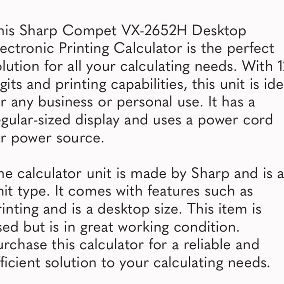 Sharp Compet VX-2652H Electronic Printer Calculator Desktop Large Keys Working - Picture 6 of 6